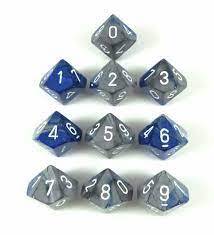 CHESSEX - SET OF TEN D10 DICE - GEMINI - BLUE-STEEL/WHITE